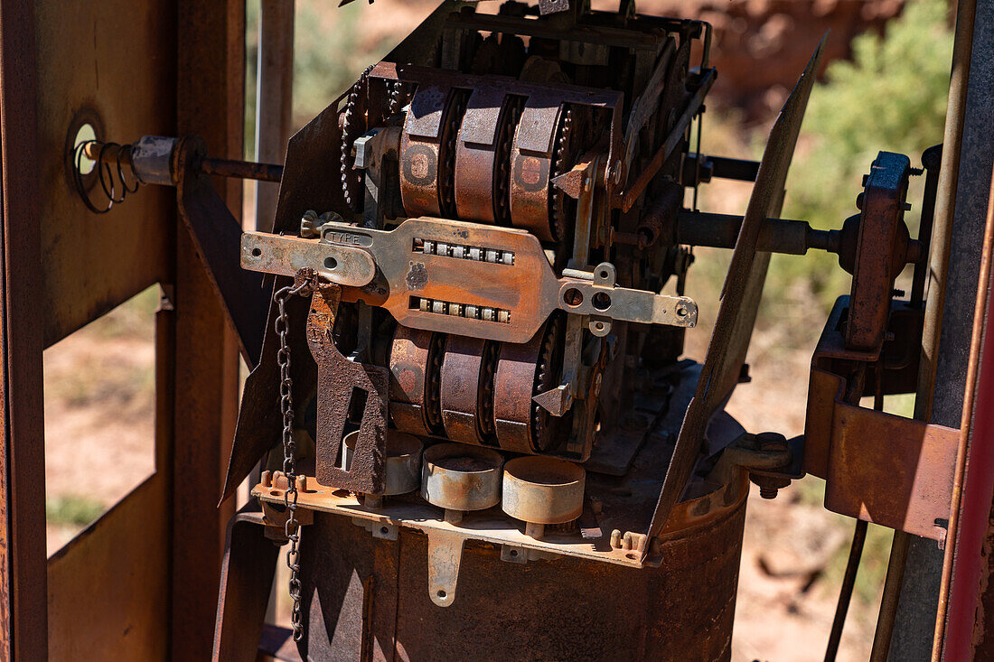 Detail of a dilapidated gasoline pump at the site of the Big Buck uranium mine in Steen Canyon near La Sal in Utah.\n