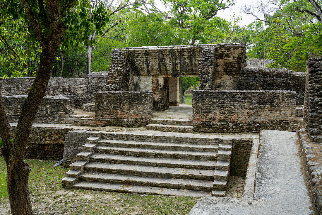The doorway in Structure A2 between Plaza A & Plaza B in the Mayan ruins in the Cahal Pech Archeological Reserve, Belize.\n