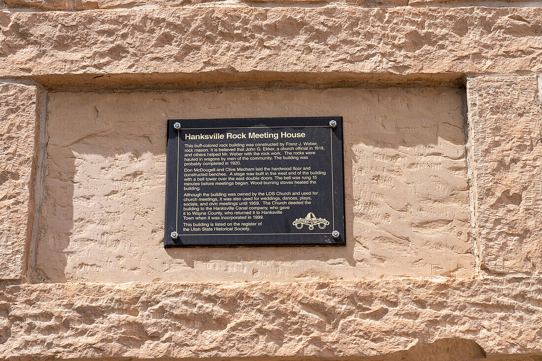 The old historic Hanksville Rock Meeting House was built of sandstone blocks and completed in 1920 in Hanksville, Utah. It was originally built as a chapel for The Church of Jesus Christ of Latter-day Saints and also served as a community social hall.\n
