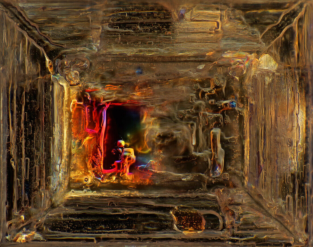 Das Bild zeigt eine kristallisierte Mischung aus Kochsalz und Erythrit, fotografiert durch das Mikroskop in polarisiertem Licht bei einer Vergrößerung von 100X