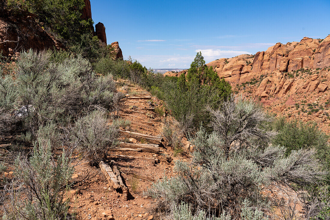 Verwitterte Minenwagen-Querschwellen verlaufen durch das Salbeigestrüpp auf dem Gelände der ehemaligen Uranmine Big Buck bei La Sal, Utah.