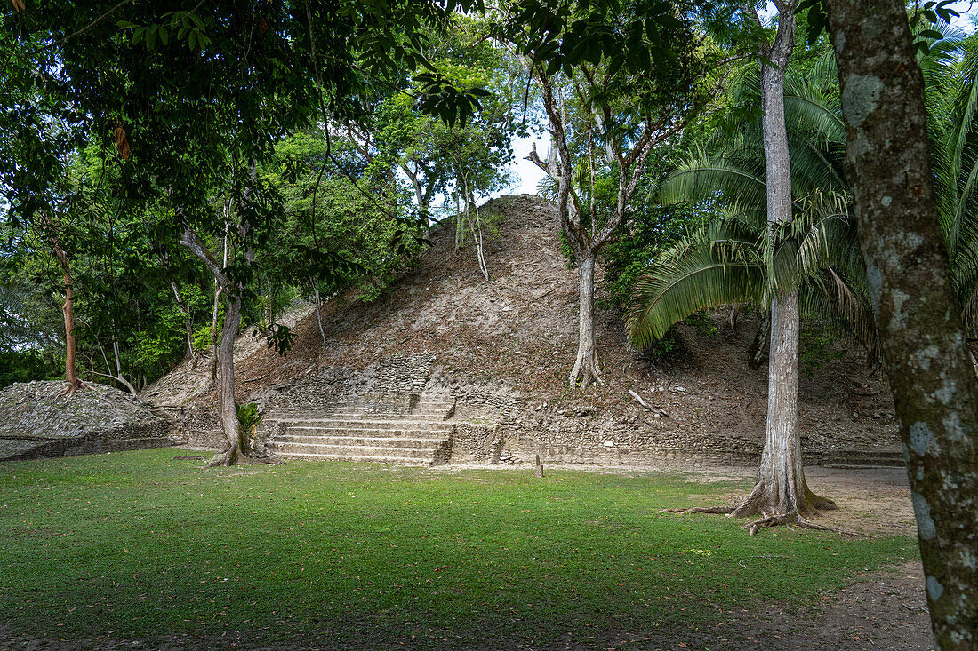 The rear of pyramid B1 faces Plaza C in the Mayan ruins in the Cahal Pech Archeological Reserve, Belize.\n