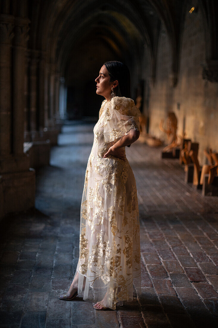 Portrait of talented Spanish singer-songwriter Valeria Castro in Veruela Monastery, Zaragoza, Spain\n