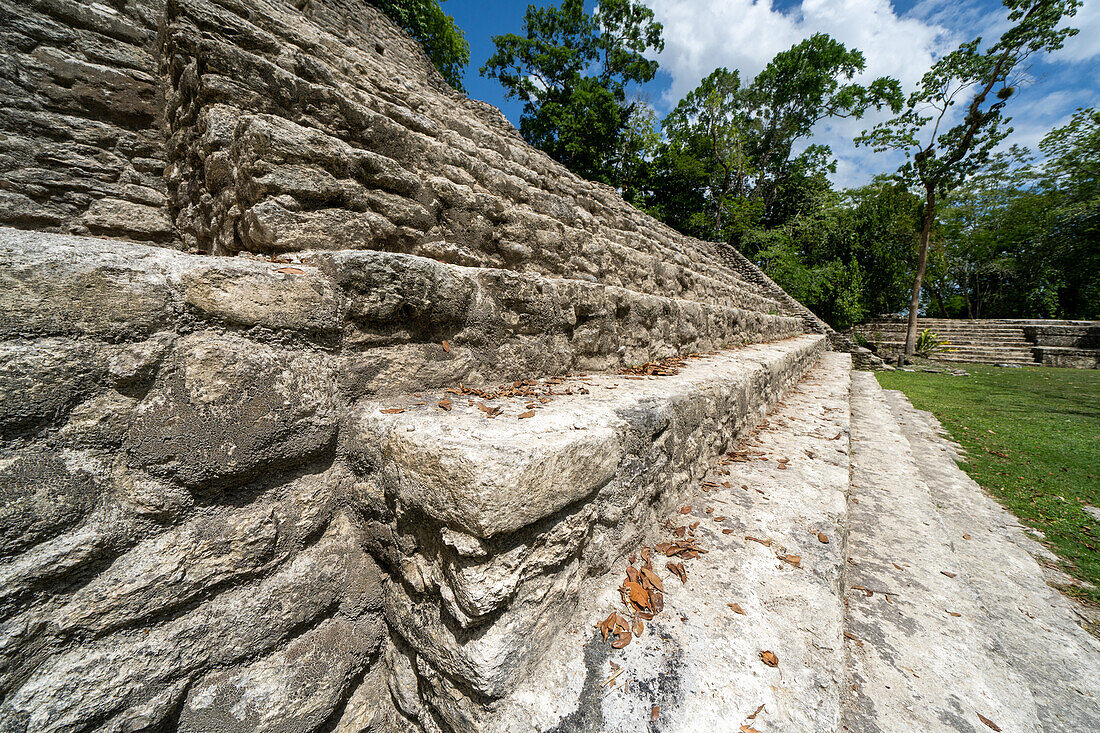 Steep stairs of Pyramid / Structure B1 on Plaza B in the Mayan ruins in the Cahal Pech Archeological Reserve, San Ignacio, Belize.\n