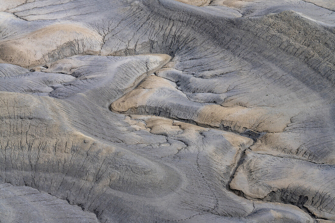 A view of the barren Moonscape below the Skyline Rim Overlook or Moonscape Overlook near Hanksville, Utah.\n