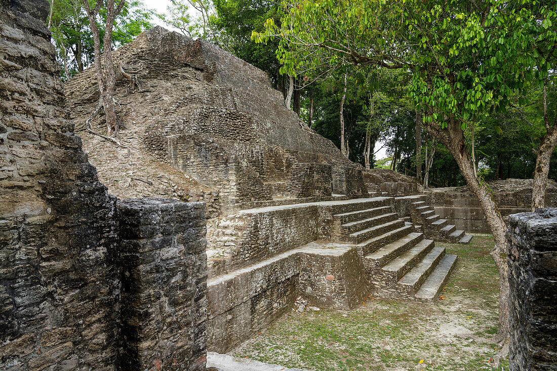 Pyramide A1 auf der Plaza A in der Wohnanlage in den Maya-Ruinen im archäologischen Reservat Cahal Pech, San Ignacio, Belize.