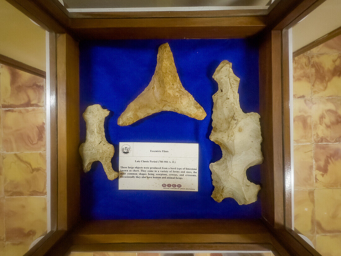 Eccentric flints in the visitors center museum in the Cahal Pech Archeological Reserve in San Ignacio, Belize.\n
