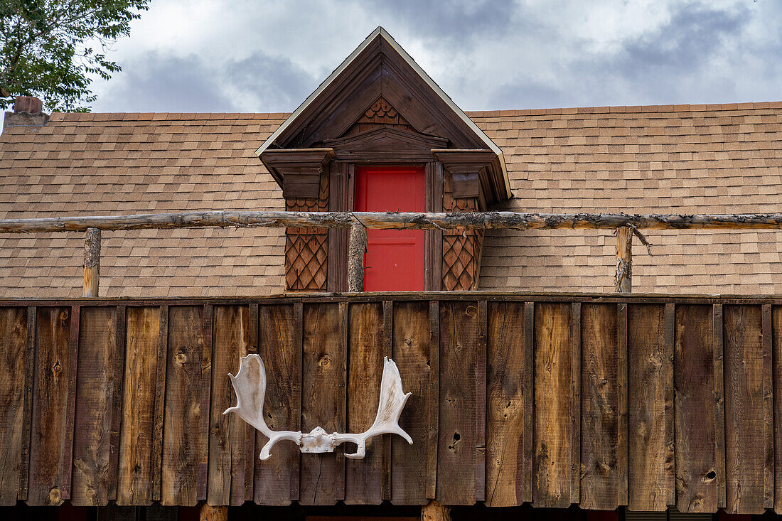 Moose antlers on the front of the Old House at Center and Main in Torrey, Utah. Built about 1900 and now a gift shop.\n