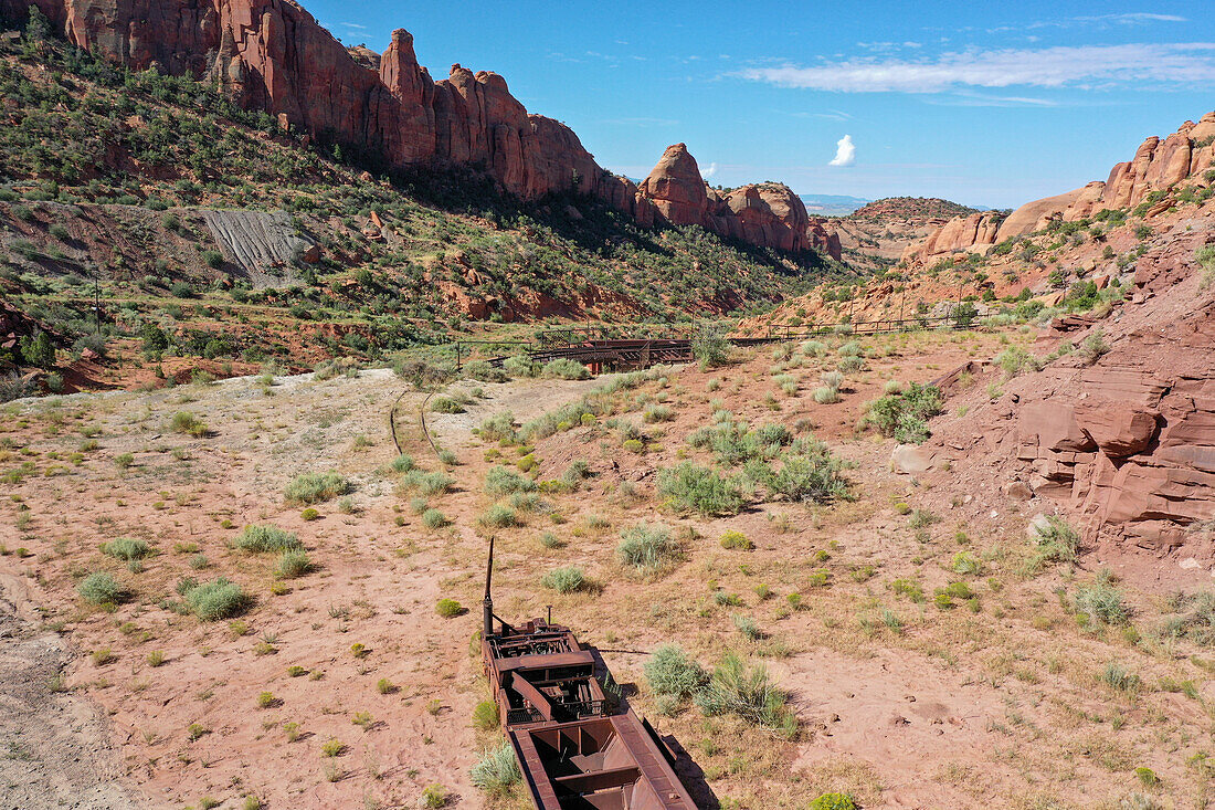 Ore skips & ore bin of the abandoned Mi Vida Mine in Steen Canyon near La Sal, Utah. Site of the first big uranium strike in the U.S.\n