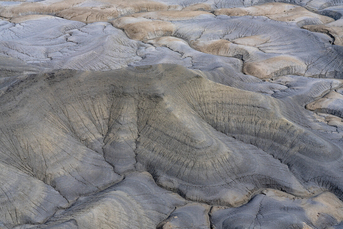 A view of the barren Moonscape below the Skyline Rim Overlook or Moonscape Overlook near Hanksville, Utah.\n