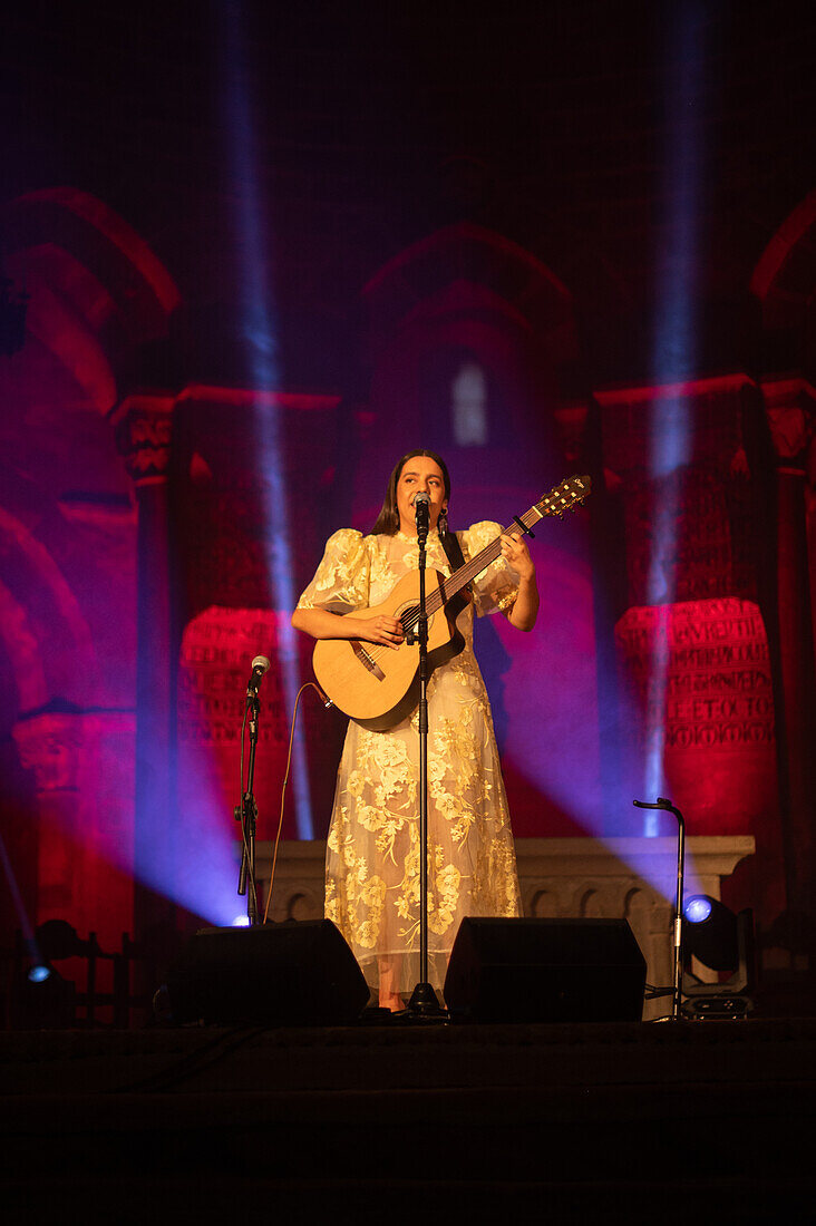 Spanish singer-songwriter Valeria Castro, one of the promising women that have emerged in recent years in the Spanish folklore scene, performs in Veruela Summer Festival 2023, Zaragoza, Spain\n