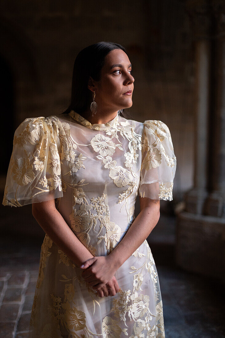 Portrait of talented Spanish singer-songwriter Valeria Castro in Veruela Monastery, Zaragoza, Spain\n