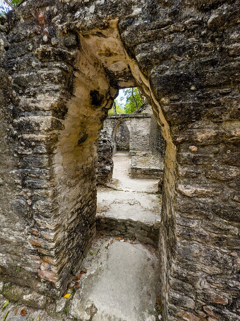 Corbel arch doorways between rooms in Plaza E & Plaza D in the Mayan ruins in the Cahal Pech Archeological Reserve, Belize.\n