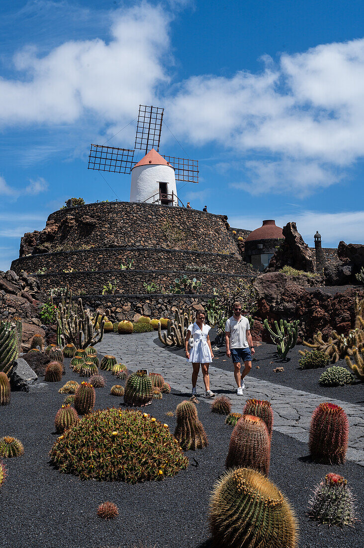 The Jardin de Cactus (Cactus garden) is a wonderful example of architectural intervention integrated into the landscape, designed by Cesar Manrique in Lanzarote, Canary Islands, Spain\n