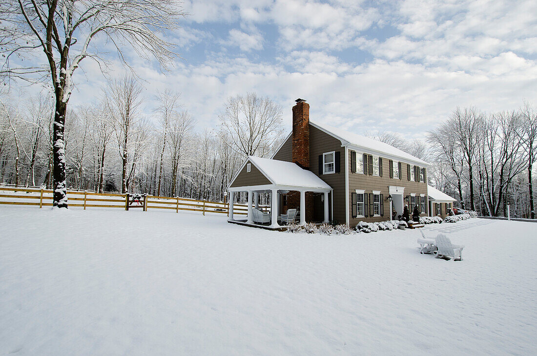 American colonial style house in Winter\n