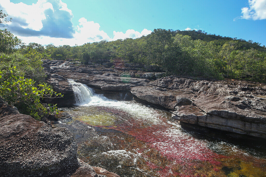 Caño Cristales, also known as the River of Five Colors, is a Colombian river located in the Serranía de la Macarena, an isolated mountain range in the Meta Department, Colombia\n