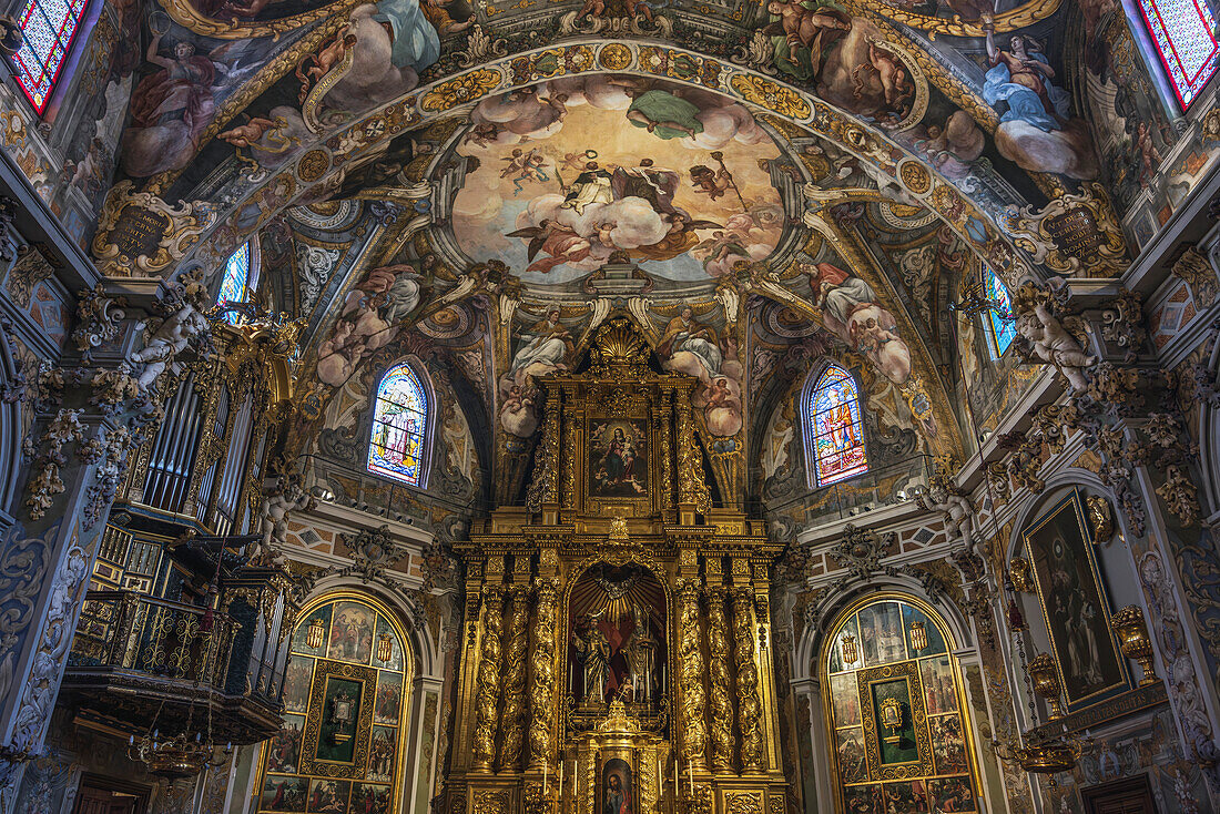 Spain, Valencia, Ornate altar and frescos in Co-cathedral of Saint Nicholas of Bari\n