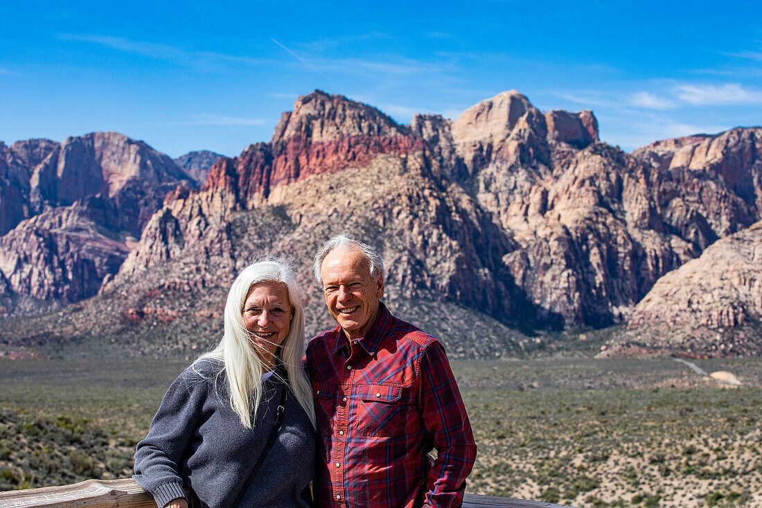 USA, Nevada, Las Vegas, Portrait of senior couple at Red Rocks National Conservation Area\n