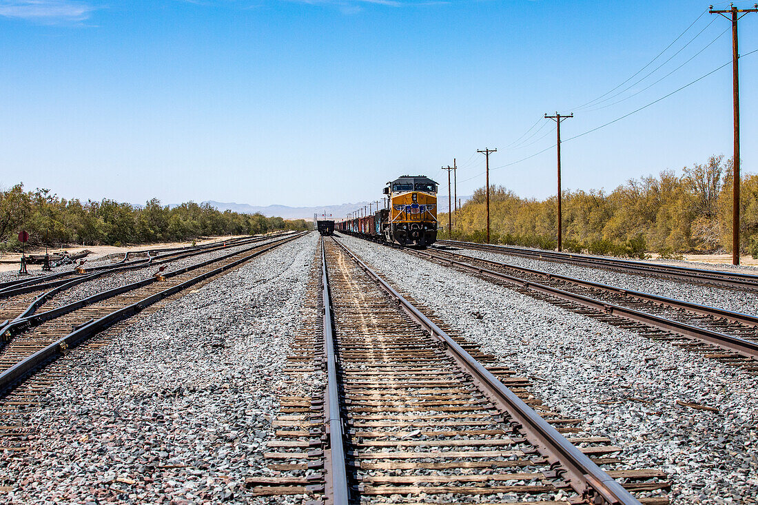 USA, California, Barstow, Kelso Depot, Railroad tracks in desolate Mojave National Reserve\n