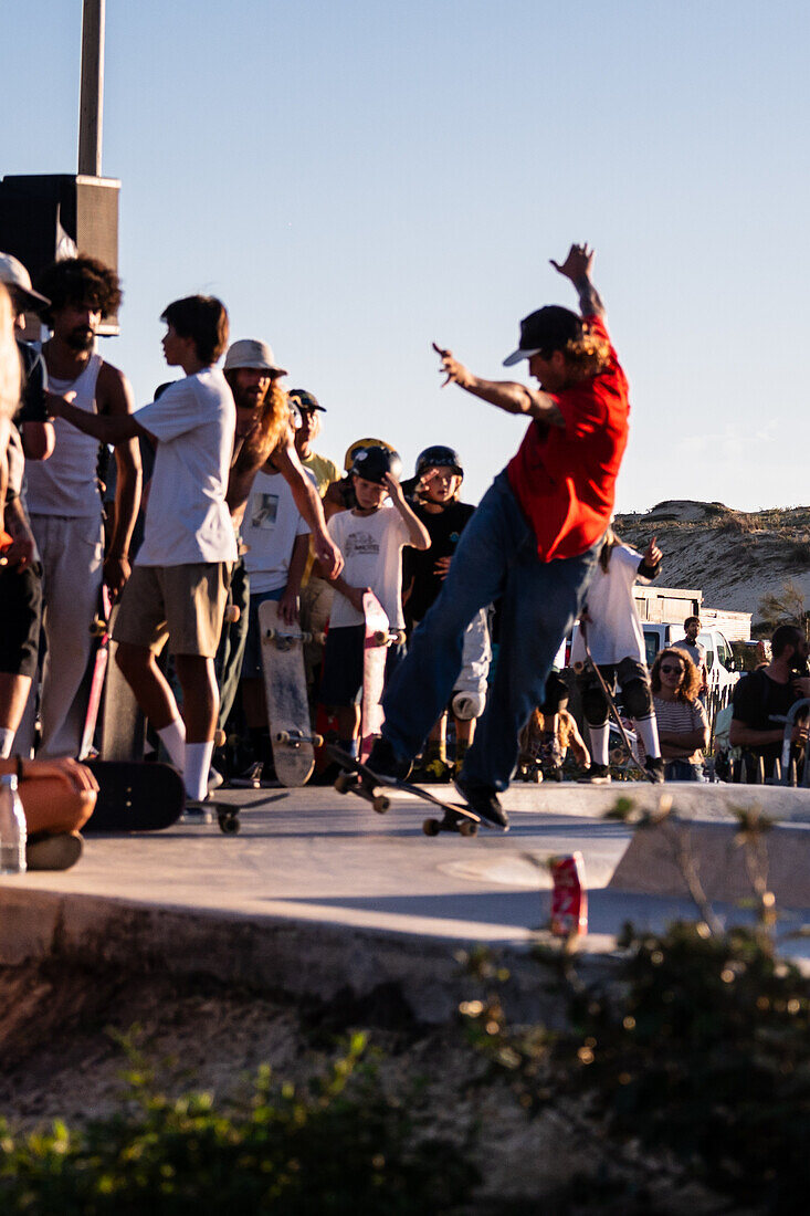 Skate event at Seignosse le Penon skatepark during Quiksilver Festival celebrated in Capbreton, Hossegor and Seignosse, with 20 of the best surfers in the world hand-picked by Jeremy Flores to compete in south west of France.\n