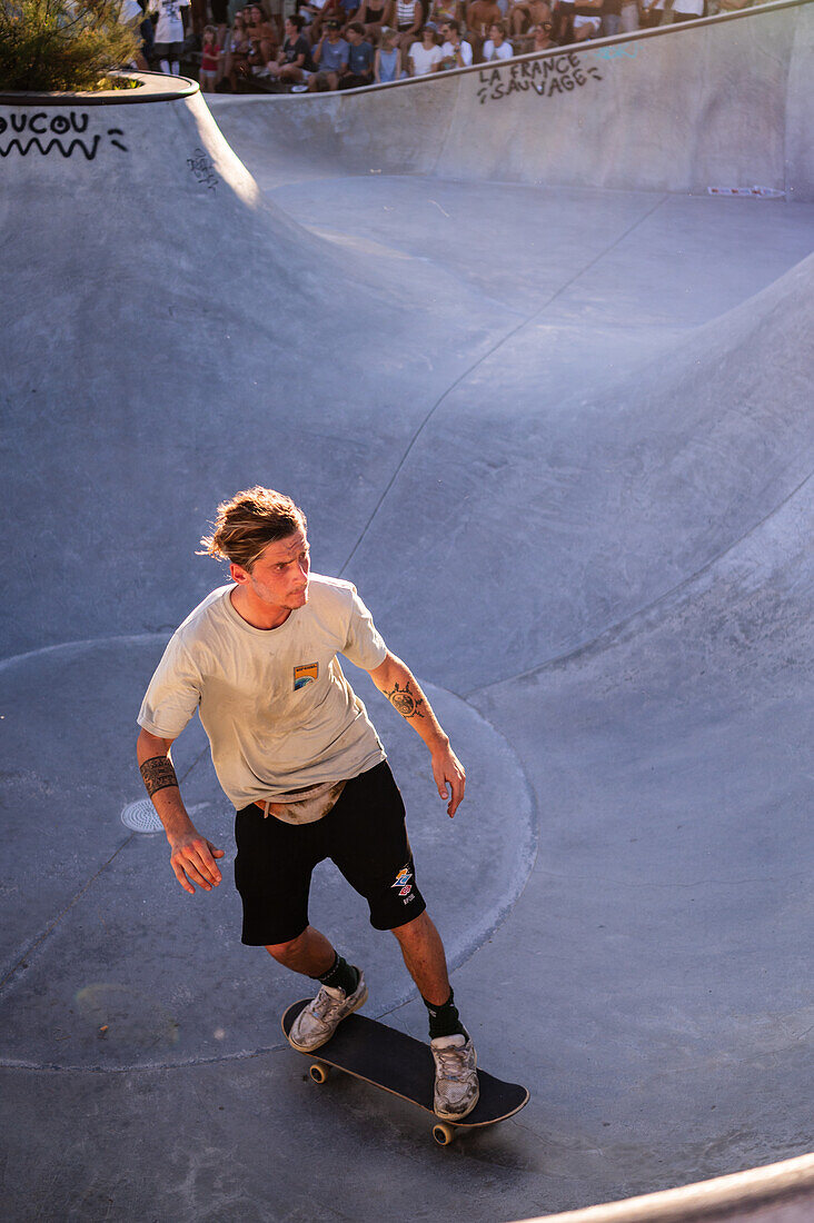 Skate event at Seignosse le Penon skatepark during Quiksilver Festival celebrated in Capbreton, Hossegor and Seignosse, with 20 of the best surfers in the world hand-picked by Jeremy Flores to compete in south west of France.\n