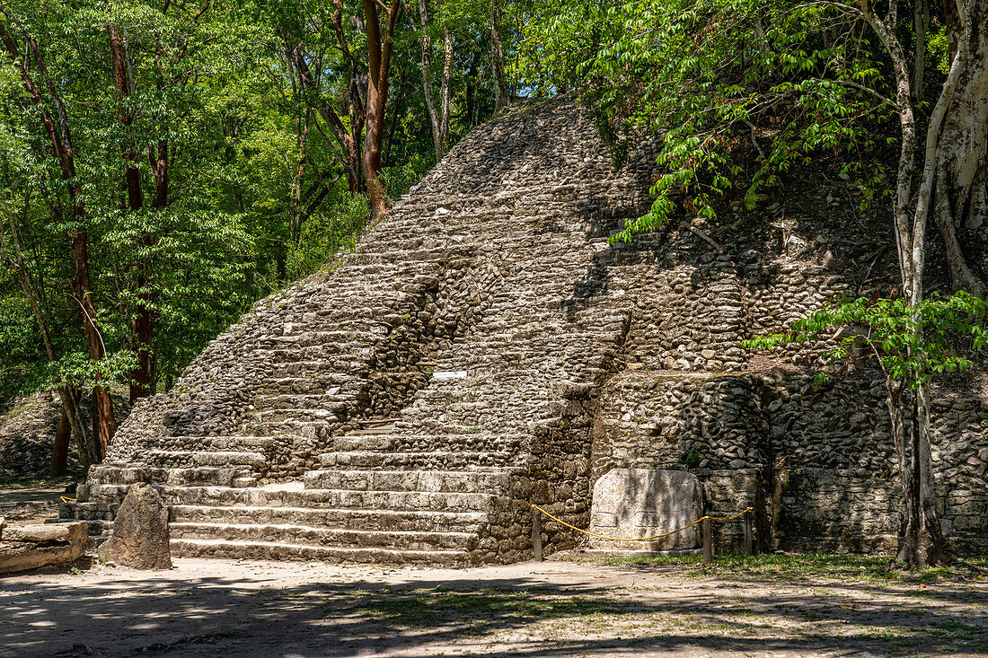 Structure A-9 in Plaza A-2 in the Mayan ruins in the Xunantunich Archeological Reserve in Belize.\n
