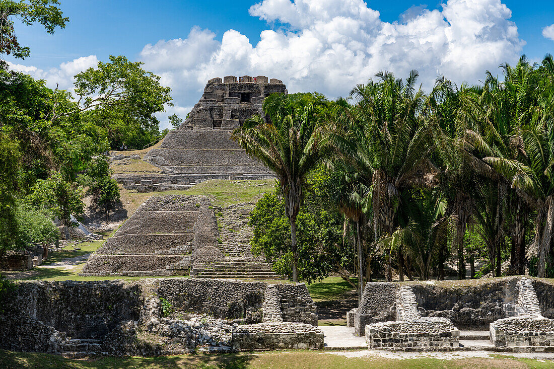 Structure A-13 in Plaza A-2 in the foreground with El Castillo behind in the Xunantunich Archeological Reserve in Belize.\n