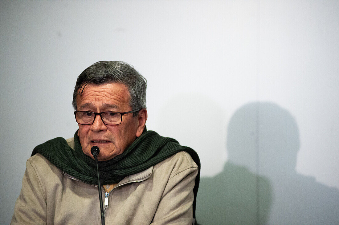 The chief negotiator of the National Liberation Army (ELN) guerrilla group, Israel Ramirez Pineda, also known as Pablo Beltran during a joint declaration on the progress of the peace process between the Colombian government and the National Liberation Army, at the United Nations building in Bogota, Colombia, October 10, 2023.\n