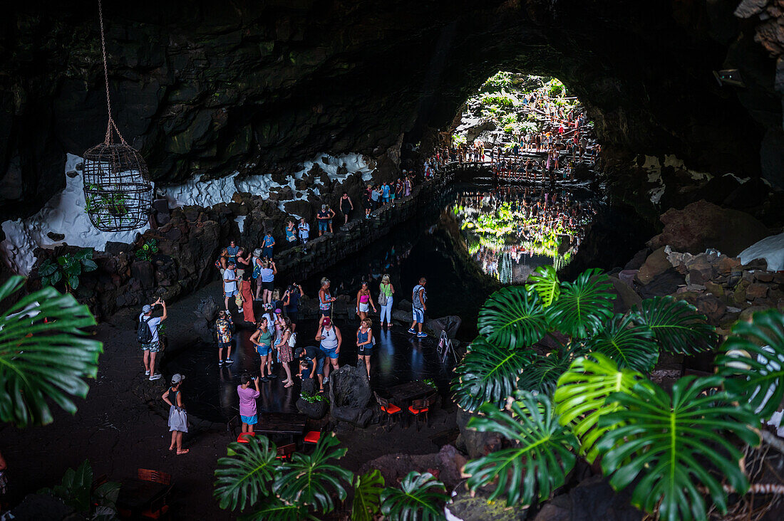 Cafe at Jameos del Agua, a series of lava caves and an art, culture and tourism center created by local artist and architect, Cesar Manrique, Lanzarote, Canary Islands, Spain\n