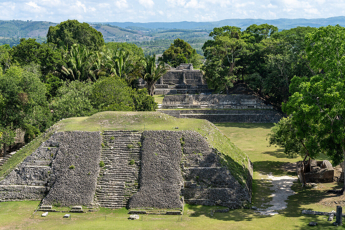 Structure A-1 facing Plaza A-1, with Structures A-13 & A-11 behind in the Xunantunich Archeological Reserve in Belize.\n