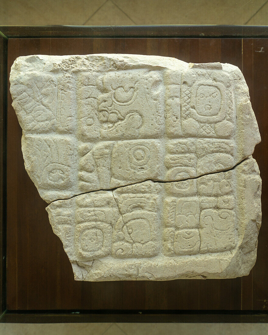 Panel 2 from Structure A32 on the Castillo in the museum in the Xunantunich Archeological Reserve in Belize.\n