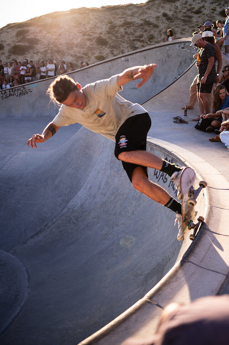 Skate event at Seignosse le Penon skatepark during Quiksilver Festival celebrated in Capbreton, Hossegor and Seignosse, with 20 of the best surfers in the world hand-picked by Jeremy Flores to compete in south west of France.\n