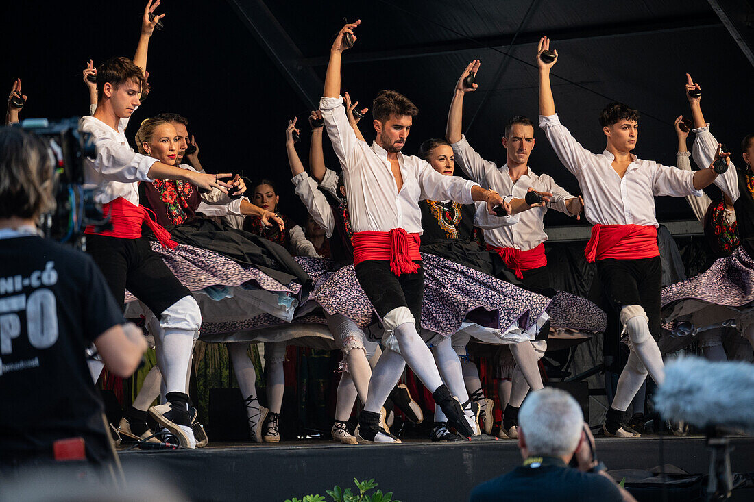 Baluarte Aragones and Raices de Aragon, Aragonese traditional Jota groups, perform in Plaza del Pilar during the El Pilar festivities in Zaragoza, Spain\n