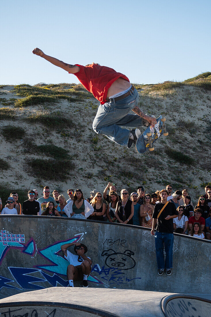 Skate event at Seignosse le Penon skatepark during Quiksilver Festival celebrated in Capbreton, Hossegor and Seignosse, with 20 of the best surfers in the world hand-picked by Jeremy Flores to compete in south west of France.\n