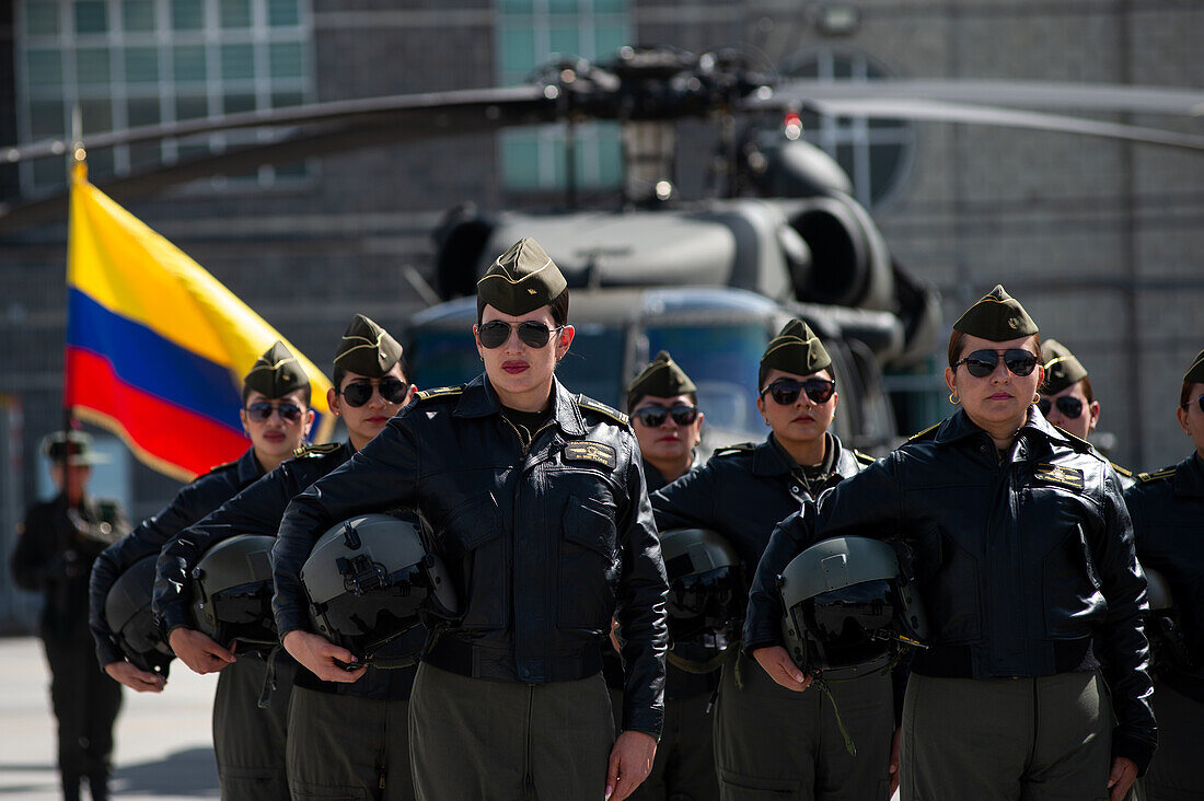 Colombian police helicopter pilots during an event at the CATAM - Airbase in Bogota, where the United States of America embassy in Colombia gave 3 Lockheed Martin UH60 Black Hawks to improve the antinarcotics operations, on September 27, 2023.\n