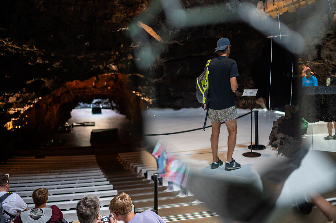 Auditorium at Jameos del Agua, a series of lava caves and an art, culture and tourism center created by local artist and architect, Cesar Manrique, Lanzarote, Canary Islands, Spain\n