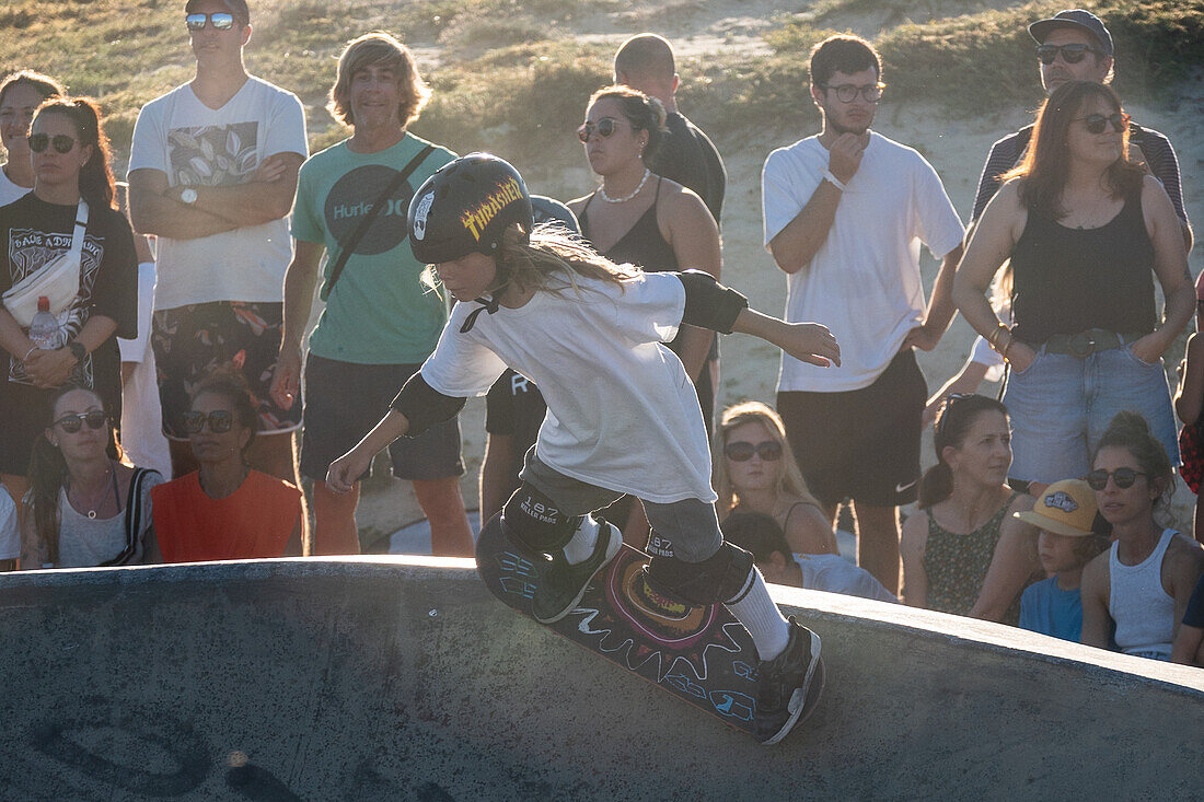 Skate event at Seignosse le Penon skatepark during Quiksilver Festival celebrated in Capbreton, Hossegor and Seignosse, with 20 of the best surfers in the world hand-picked by Jeremy Flores to compete in south west of France.\n