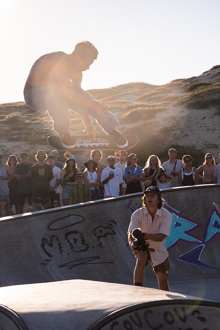 Skate event at Seignosse le Penon skatepark during Quiksilver Festival celebrated in Capbreton, Hossegor and Seignosse, with 20 of the best surfers in the world hand-picked by Jeremy Flores to compete in south west of France.\n