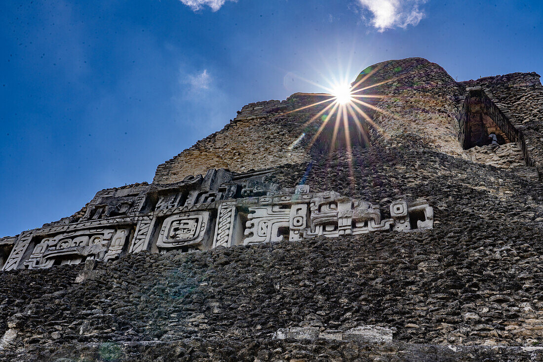 The west frieze on El Castillo or Structure A-6 in the Mayan ruins of the Xunantunich Archeological Reserve in Belize.\n