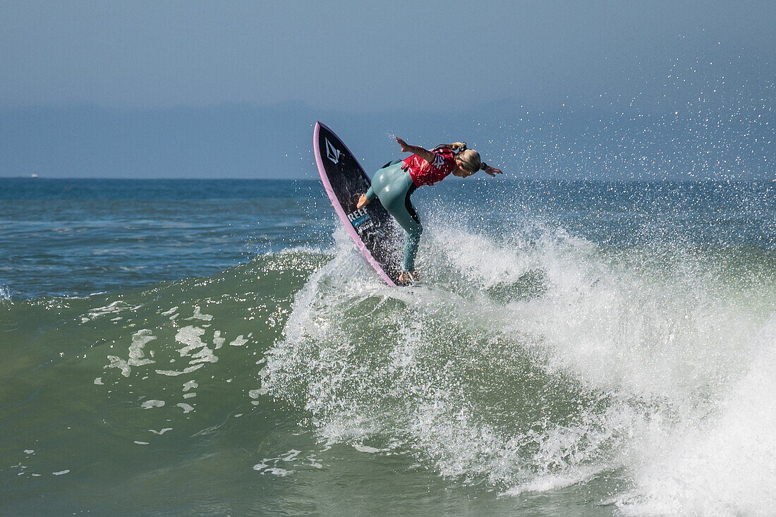 Sierra Kerr, Australian young surfer and daughter of Josh Kerr, performs during Quiksilver Festival celebrated in Capbreton, Hossegor and Seignosse, with 20 of the best surfers in the world hand-picked by Jeremy Flores to compete in south west of France.\n