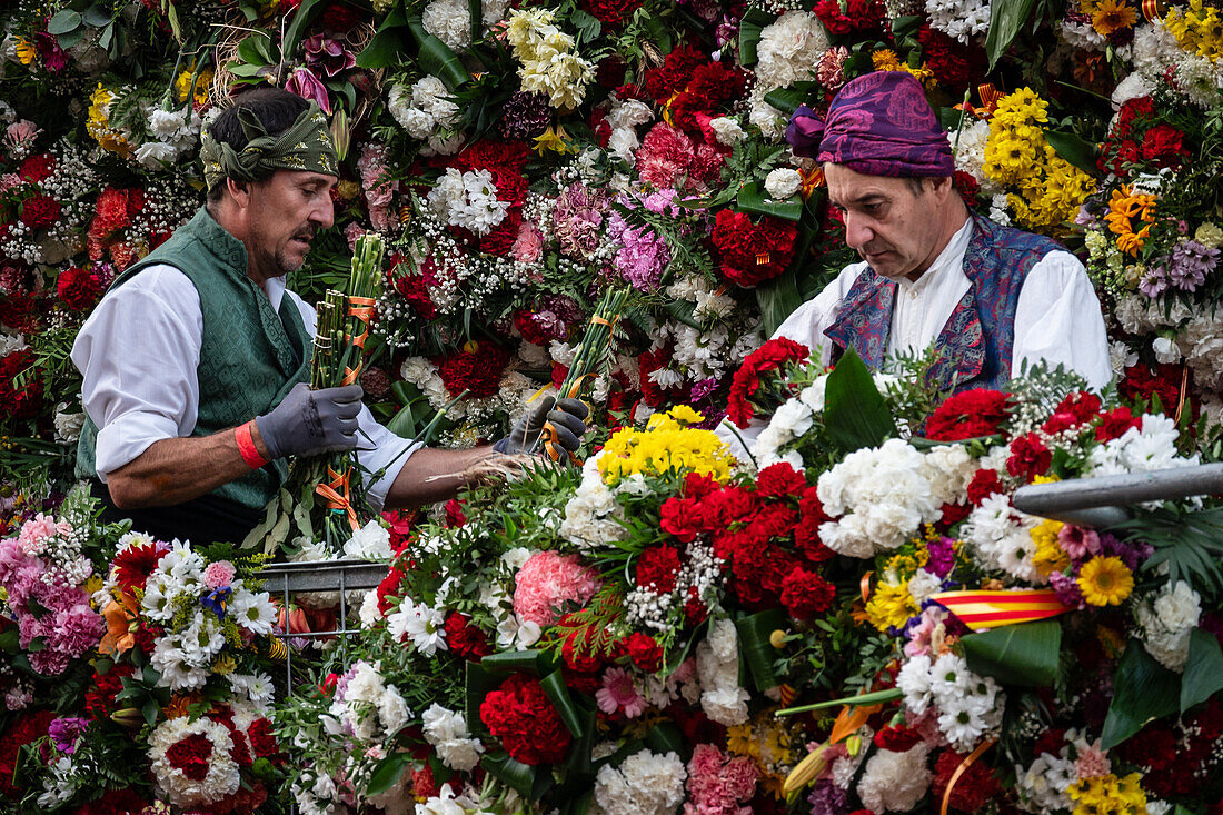Das Blumenopfer für die Virgen del Pilar ist das wichtigste und beliebteste Ereignis der Fiestas del Pilar, die am Tag der Spanier in Zaragoza, Spanien, stattfinden.