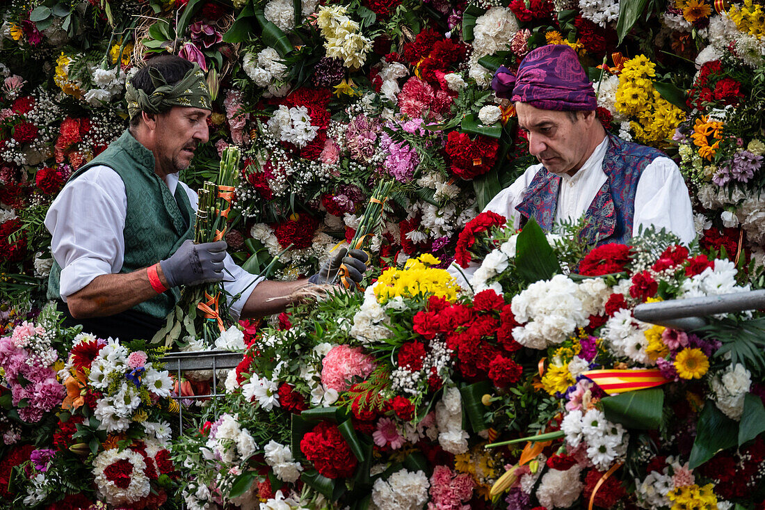 The Offering of Flowers to the Virgen del Pilar is the most important and popular event of the Fiestas del Pilar held on Hispanic Day, Zaragoza, Spain\n