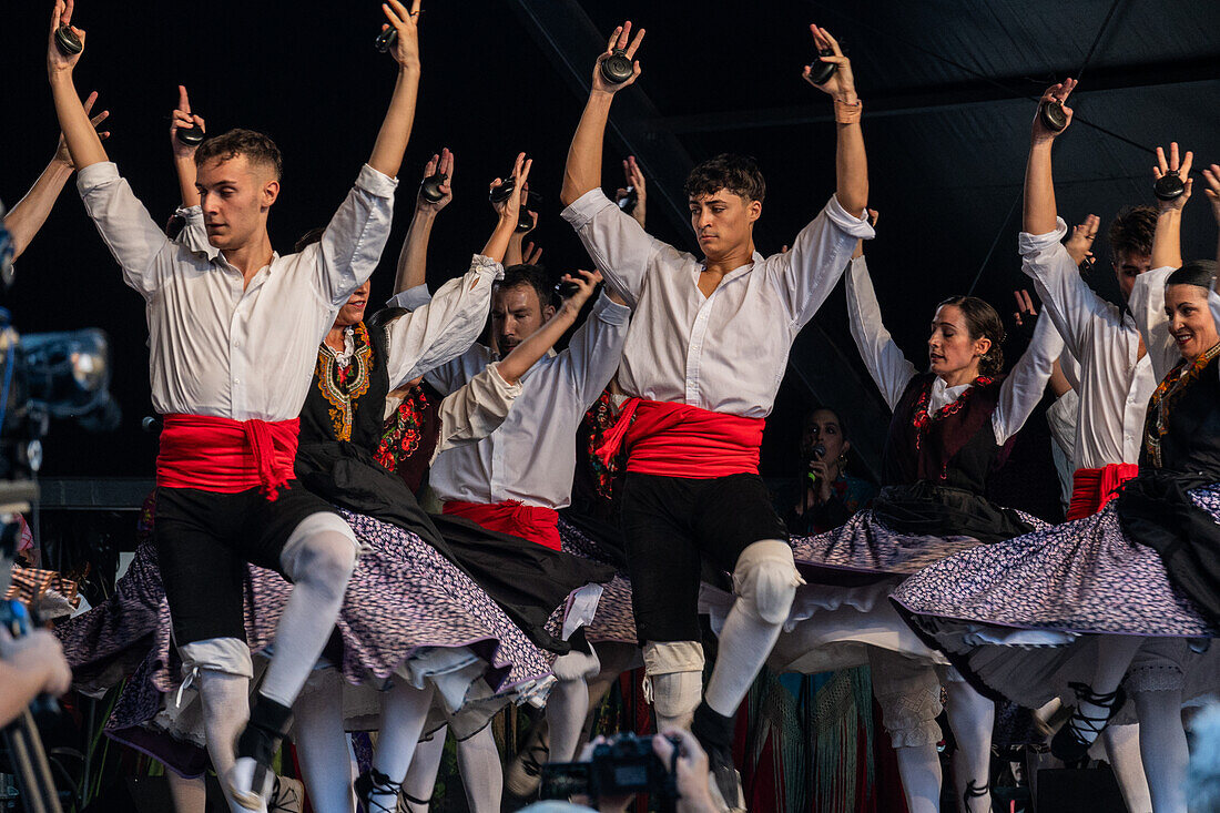 Baluarte Aragones and Raices de Aragon, Aragonese traditional Jota groups, perform in Plaza del Pilar during the El Pilar festivities in Zaragoza, Spain\n