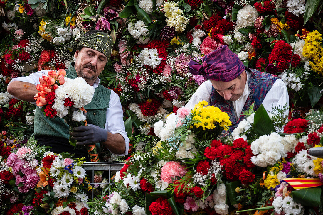 The Offering of Flowers to the Virgen del Pilar is the most important and popular event of the Fiestas del Pilar held on Hispanic Day, Zaragoza, Spain\n