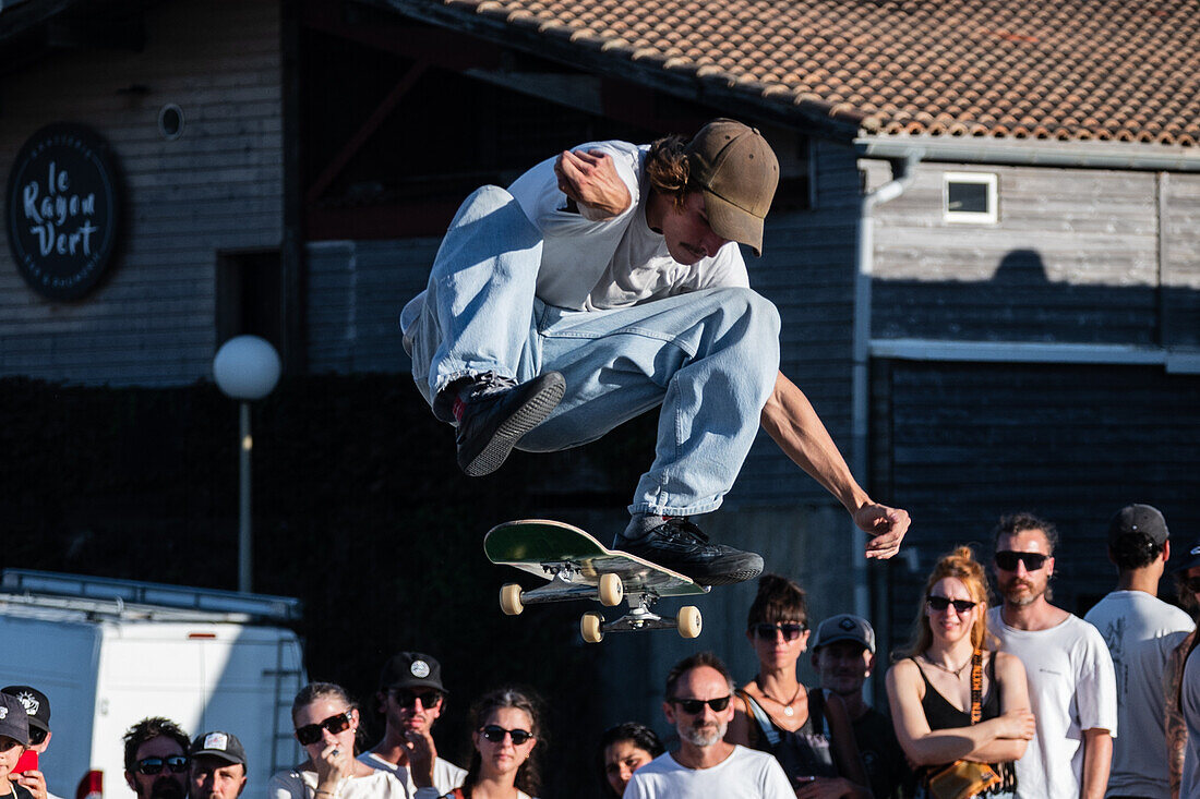 Skate event at Seignosse le Penon skatepark during Quiksilver Festival celebrated in Capbreton, Hossegor and Seignosse, with 20 of the best surfers in the world hand-picked by Jeremy Flores to compete in south west of France.\n