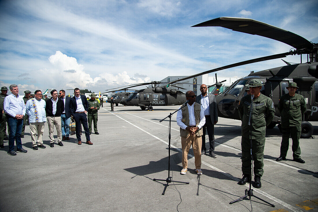 The United States Deputy Assistant Secretary in the Bureau of International Narcotics and Law Enforcement Affairs Todd Robinson and Colombia's police director General WIlliam Rene Salamanca (R) give a press conference during an event at the CATAM - Airbase in Bogota, where the United States of America embassy in Colombia gave 3 Lockheed Martin UH60 Black Hawks to improve the antinarcotics operations, on September 27, 2023.\n