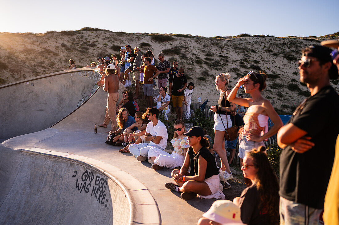 Skate event at Seignosse le Penon skatepark during Quiksilver Festival celebrated in Capbreton, Hossegor and Seignosse, with 20 of the best surfers in the world hand-picked by Jeremy Flores to compete in south west of France.\n