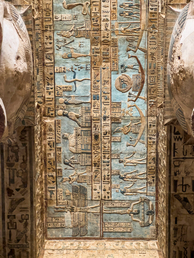 Details of the ceiling inside the Hypostyle Hall, Temple of Hathor, Dendera Temple complex, Dendera, Egypt, North Africa, Africa\n