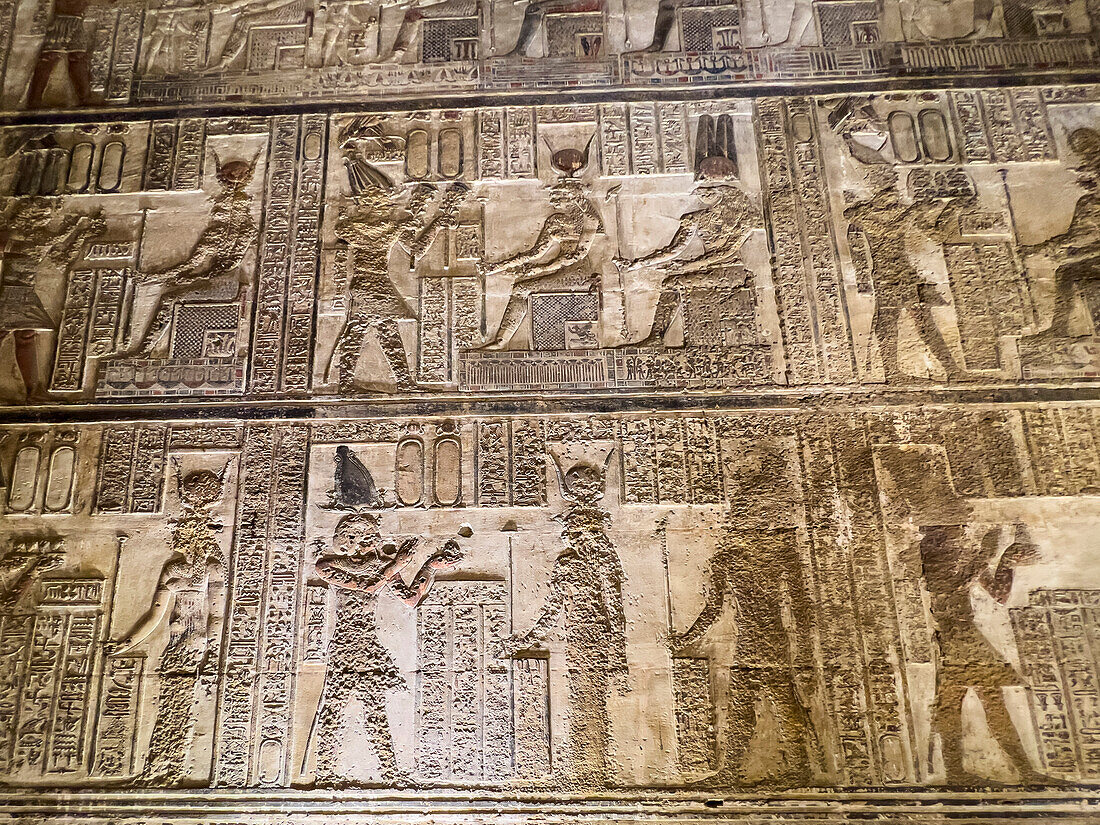 Interior view of the reliefs inside the Temple of Hathor, Dendera Temple complex, Dendera, Egypt, North Africa, Africa\n