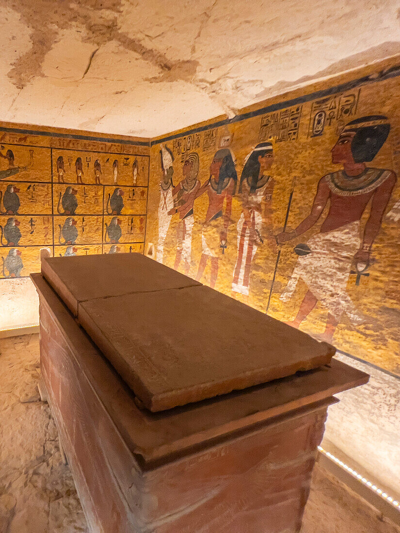 Reliefs and paintings in the tomb of Tutankhamun, with his sarcophagus, Valley of the Kings, UNESCO World Heritage Site, Thebes, Egypt, North Africa\n